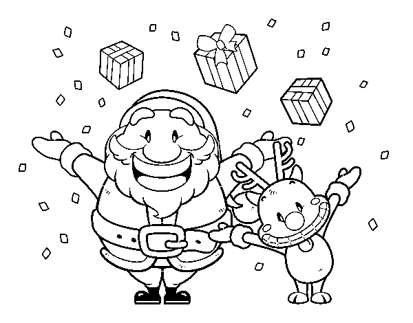 Dibujo de santa y reno con regalos para colorear