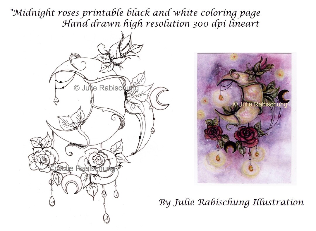 Printable moon roses tattoo styleneotraditional coloring page digital stamplineartnaturesymbolismflowersscrapbookingadult coloring instant download