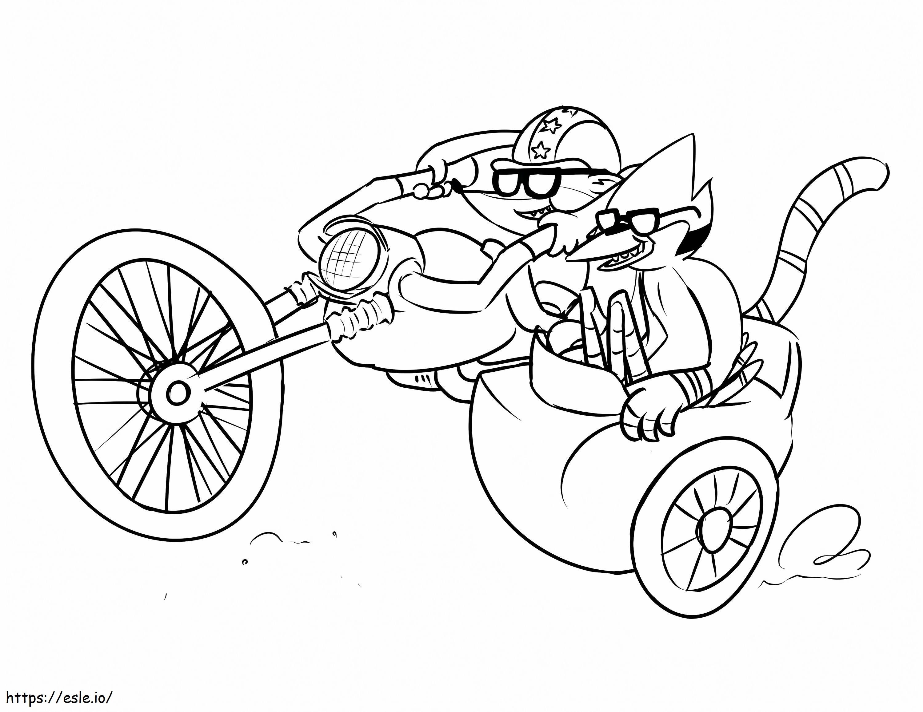 Rigby driving motorcycle and mordecai coloring page