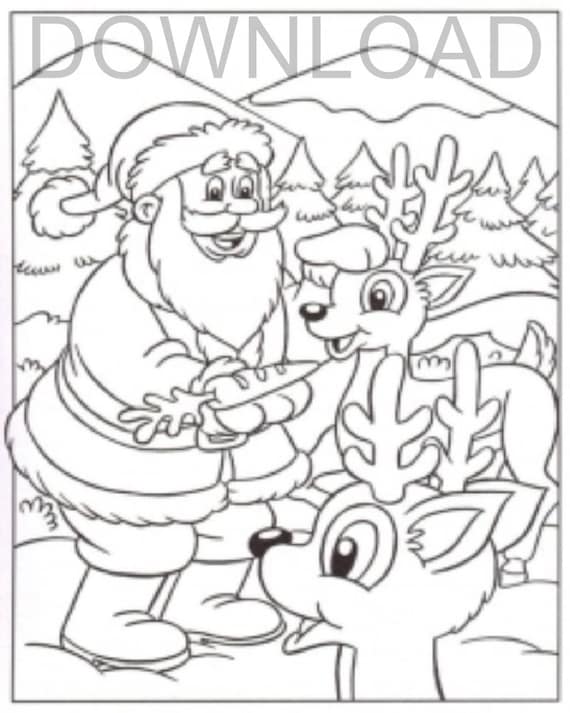 Printable x santa and reindeer coloring pageinstant downloaddigital fileplus bonus