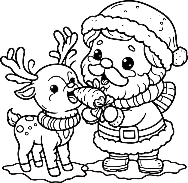 Premium vector hand draw cute santa claus feeding baby reindeer coloring christmas page