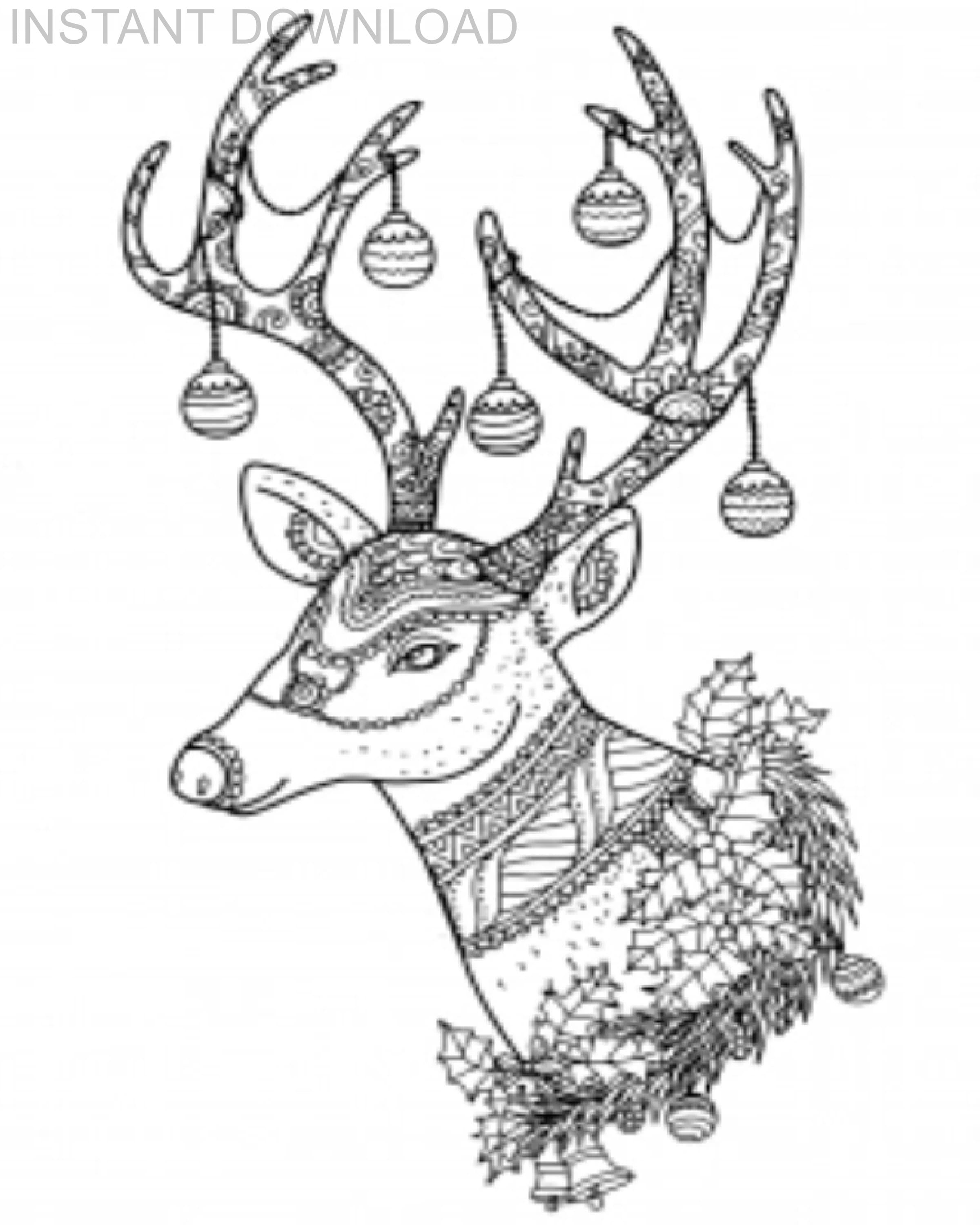 Printable x reindeer bust wdecorated antlers coloring pageinstant downloaddigital fileplus bonus