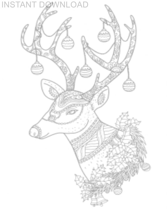 Printable x reindeer bust wdecorated antlers coloring pageinstant downloaddigital fileplus bonus