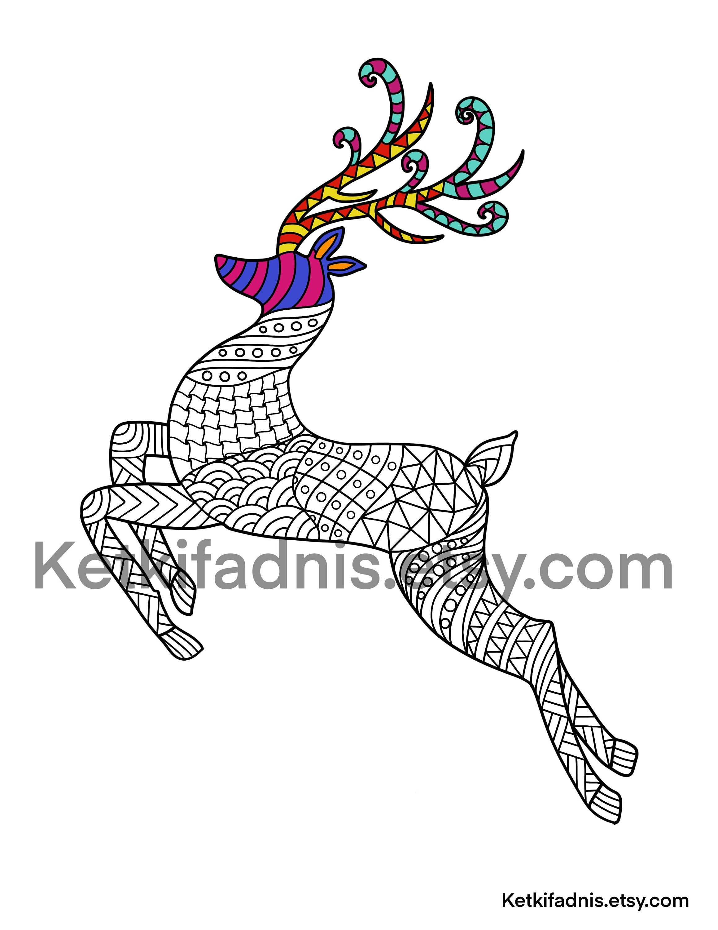 Reindeer christmas coloring page pdf digital download