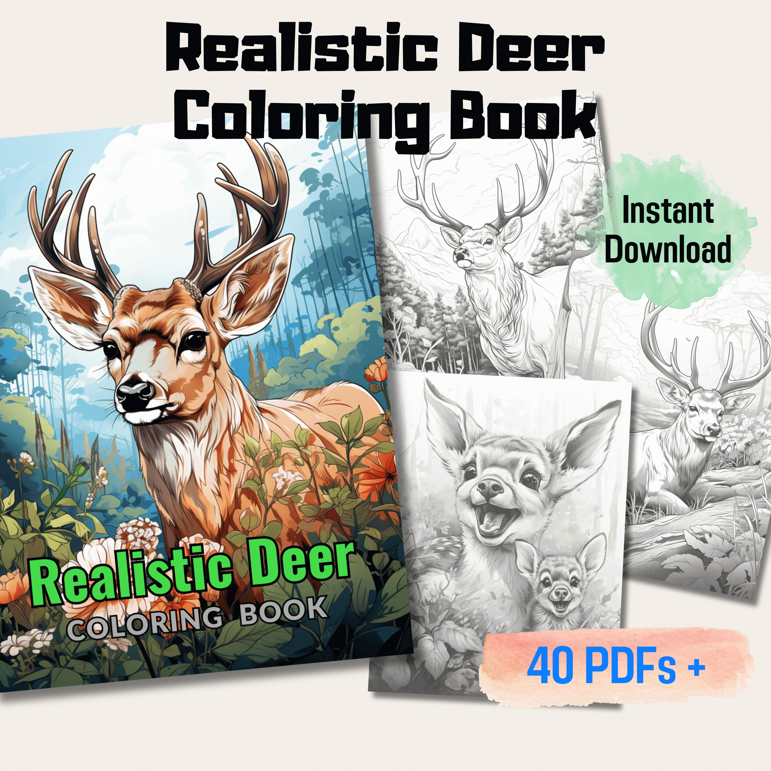 Pages realistic deer grayscale coloring book instant download pri â funny print for you