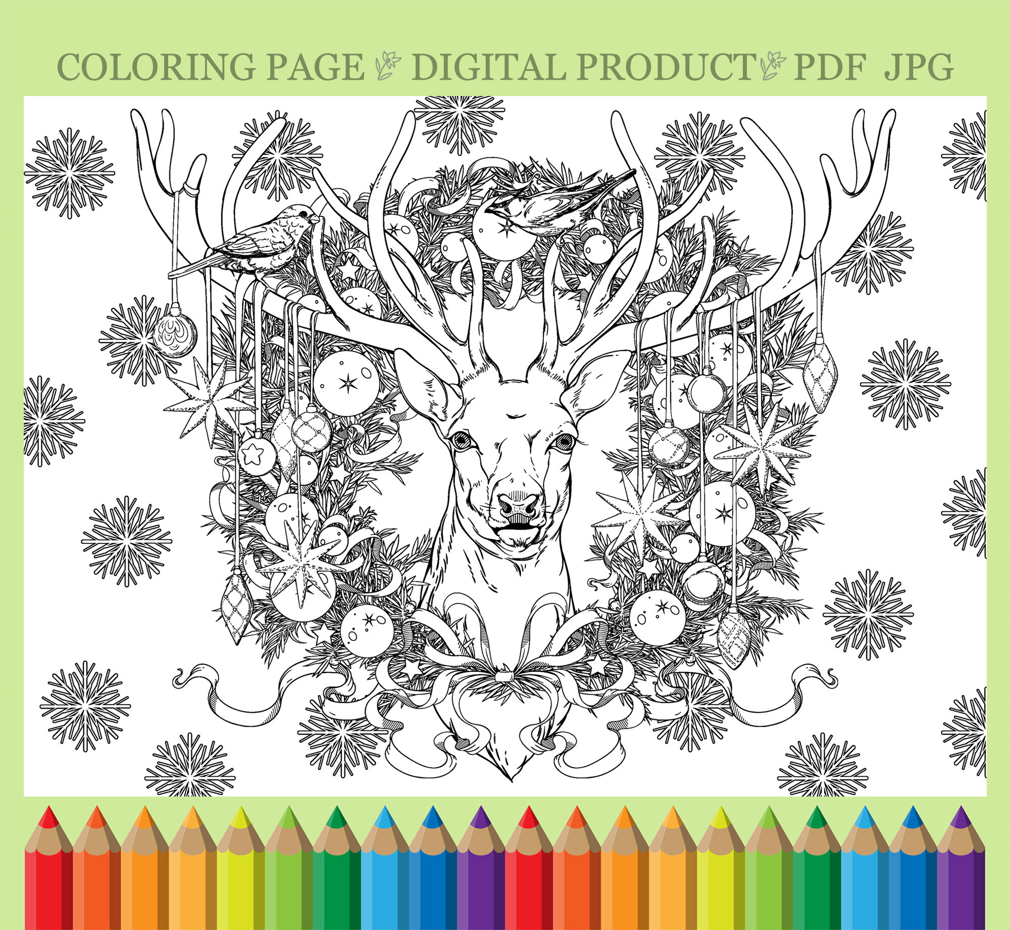 Christmas coloring page with deer pdf printable coloring page adult coloring page digital download instant download