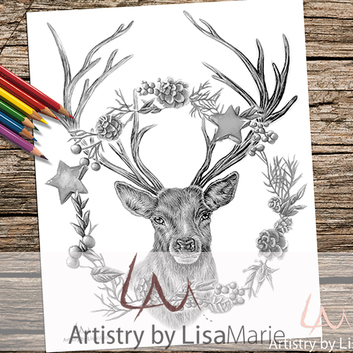 Stag with wreath printable coloring book page â artistry by lisa marie