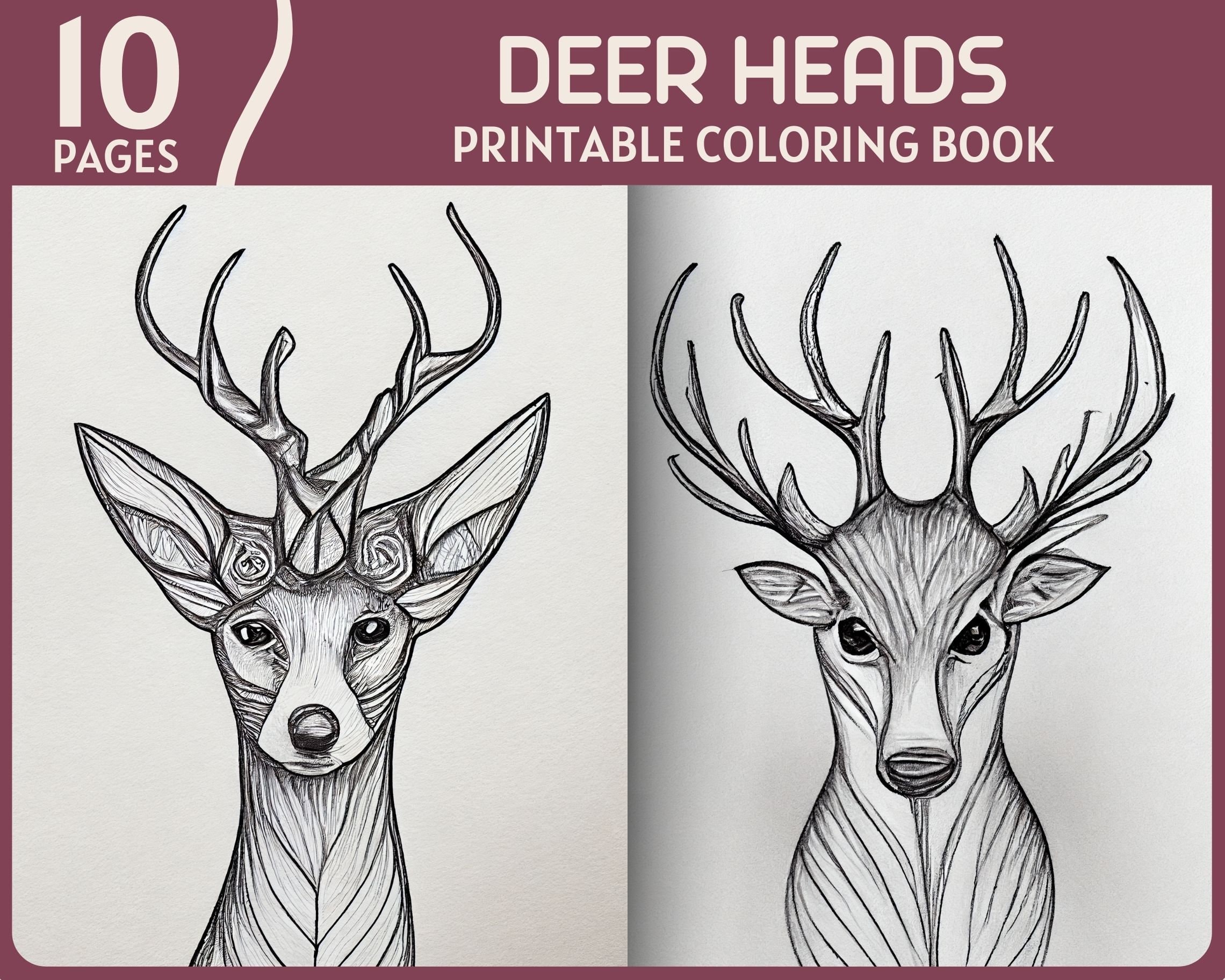 Deer heads coloring pages realistic deer illustrations printable coloring book animal coloring pages