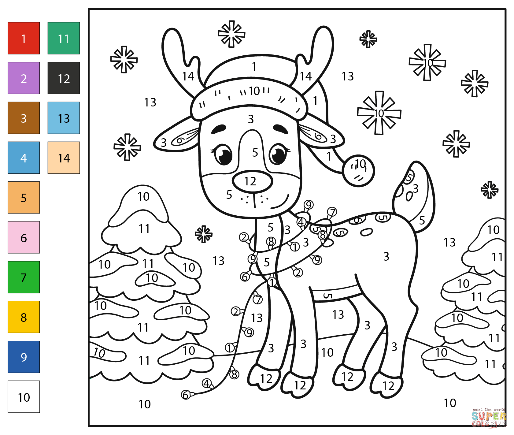 Christmas reindeer color by number free printable coloring pages