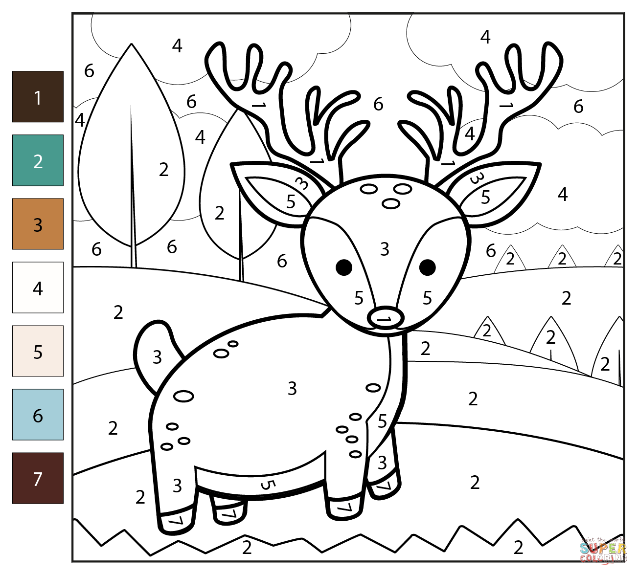 Reindeer color by number free printable coloring pages