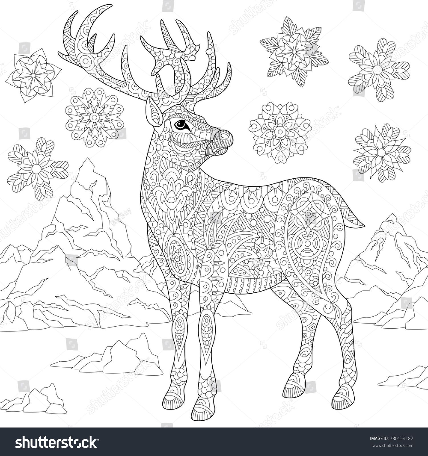 Coloring page deer reindeer winter snowflakes stock vector royalty free shutterstock deer coloring pages christmas coloring pages animal coloring pages