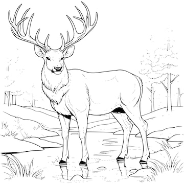 Premium vector big deer on the river bank coloring page drawing for kids