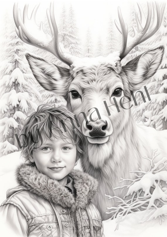 Christmas boy and reindeer coloring page portrait picture poster graphic a a pdf png instant download two versions realistic digital download now