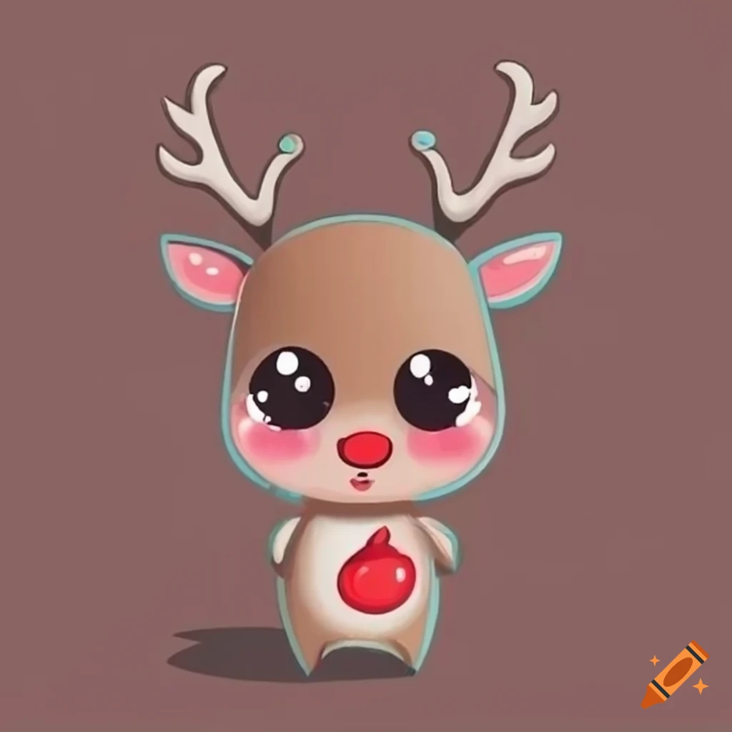 Adorable reindeer with big eyes and red nose on