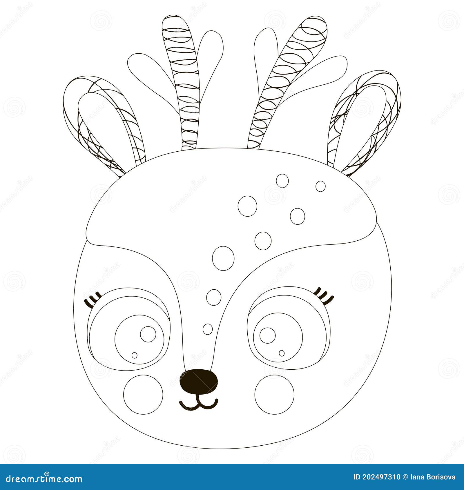 Cartoon cute black and white isolated smiling little deer face with antlers big eyes and cheeks fawn contour muzzle for coloring stock vector