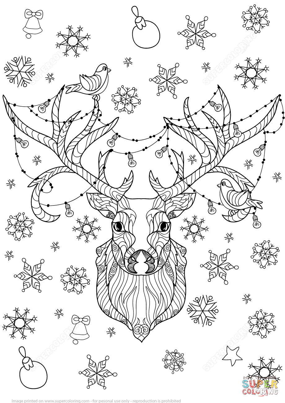 Christmas deer with light bulbs garland zentangle coloring page free printable coloring pages