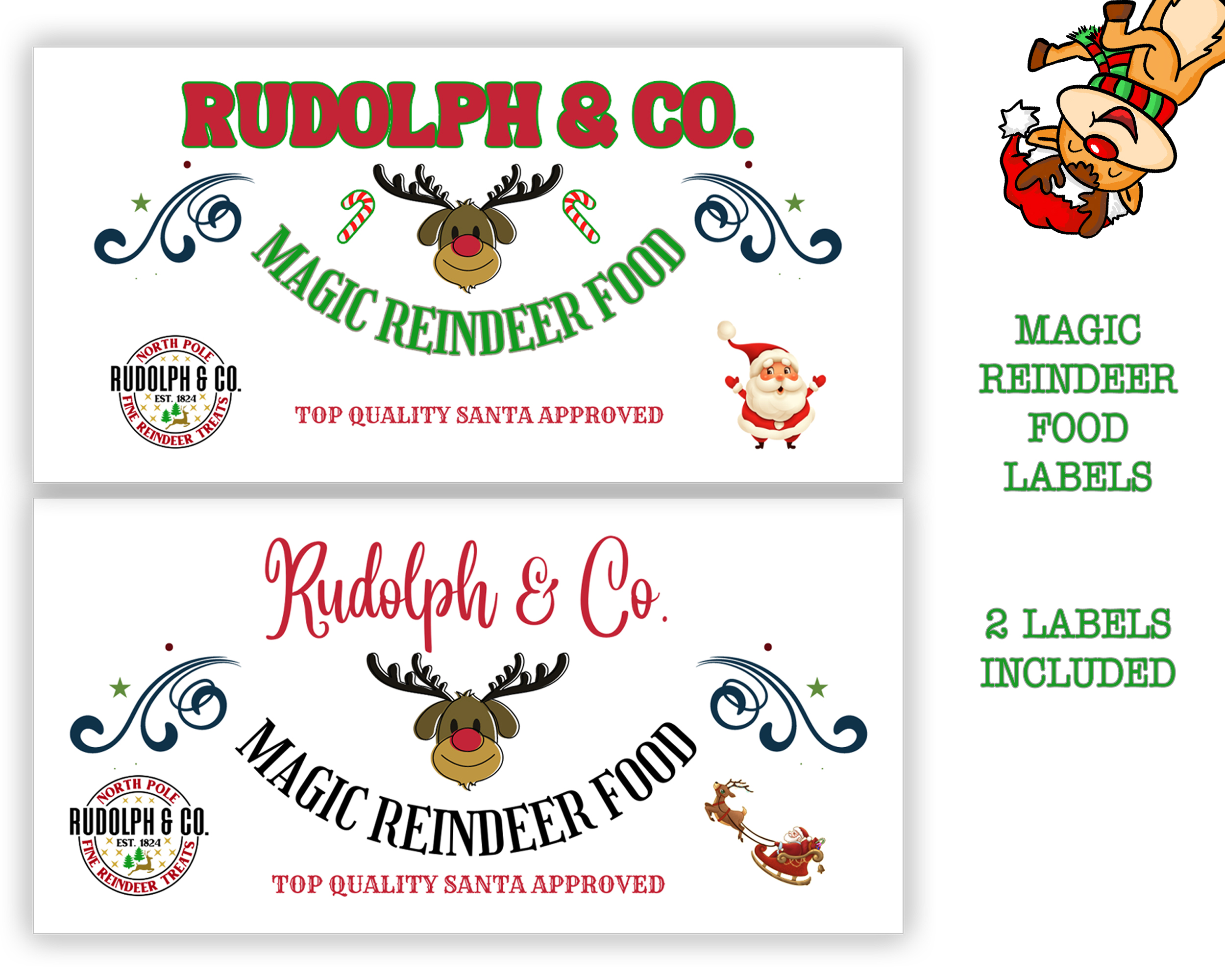 Holiday seasonal christmas rudolph co magic reindeer food printable label jpeg pdf and png files included set of labels