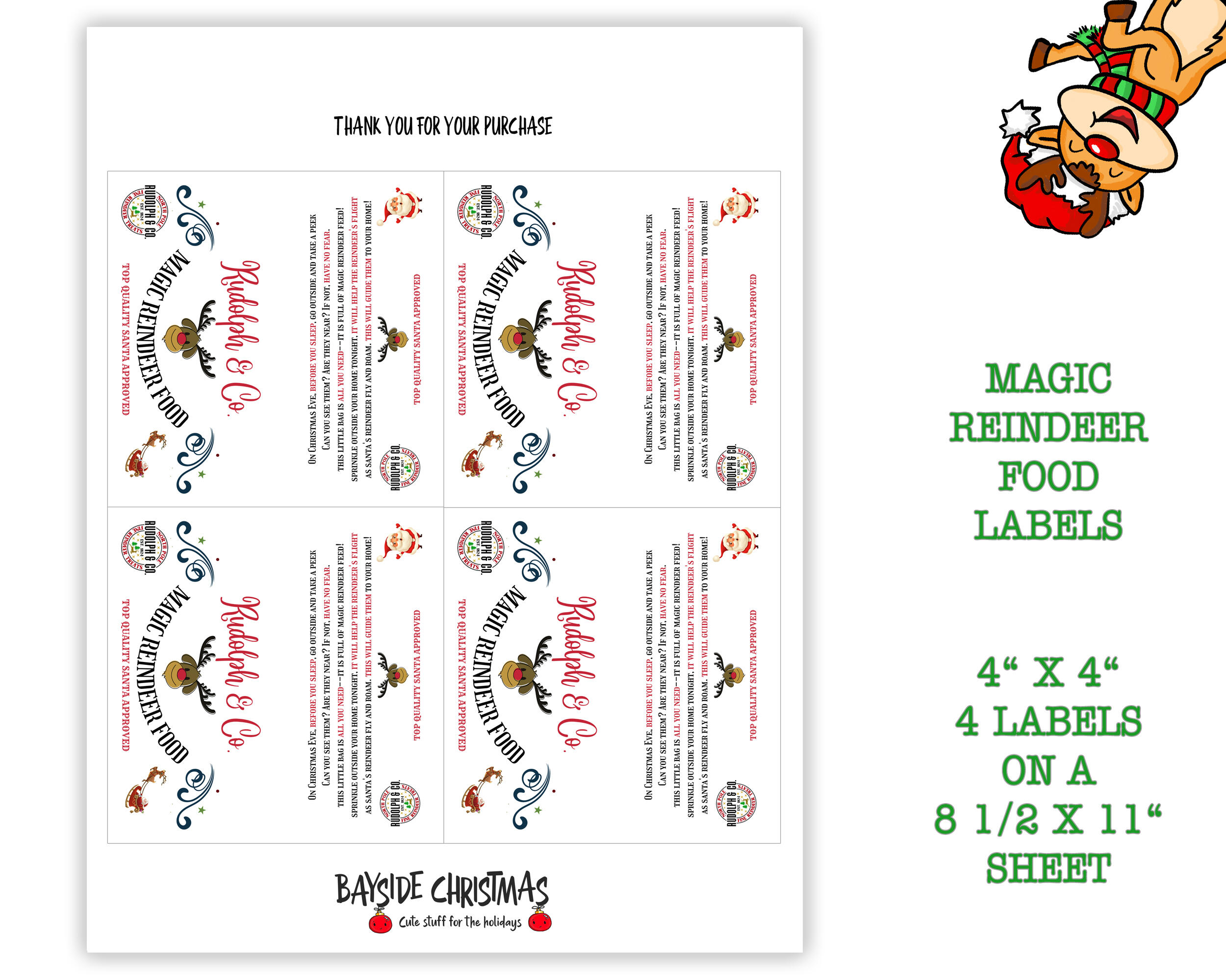 Holiday seasonal christmas rudolph co magic reindeer food printable label jpeg pdf and png files included set of labels