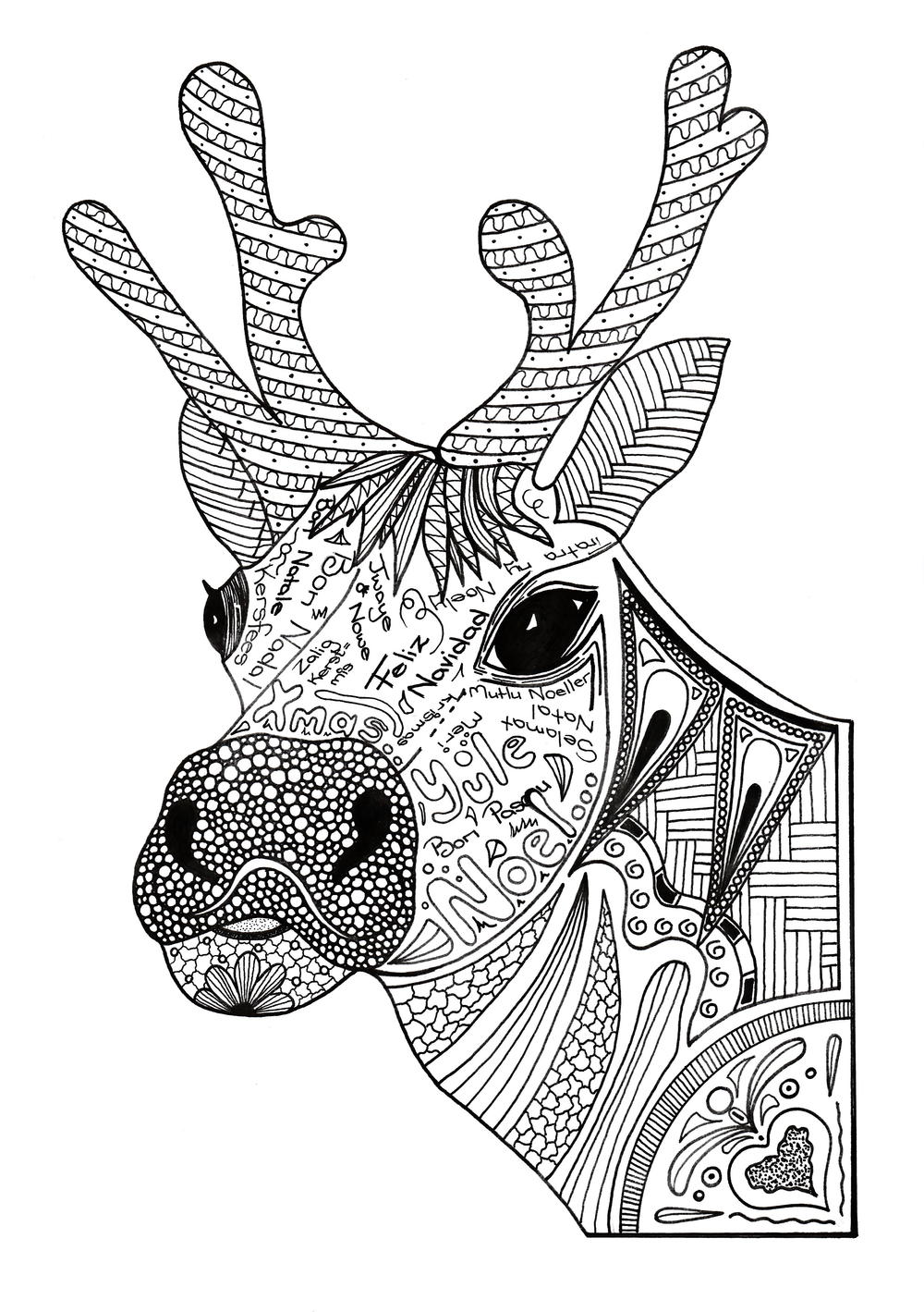 Christmas reindeer adult coloring page