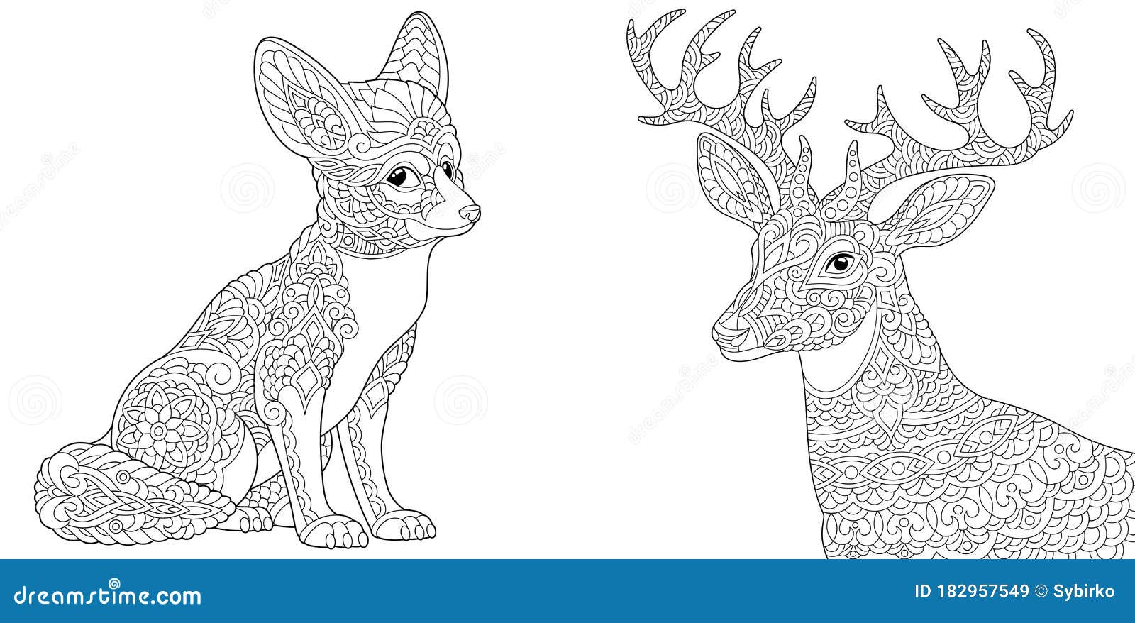 Coloring pages with fennec fox and reindeer stock vector