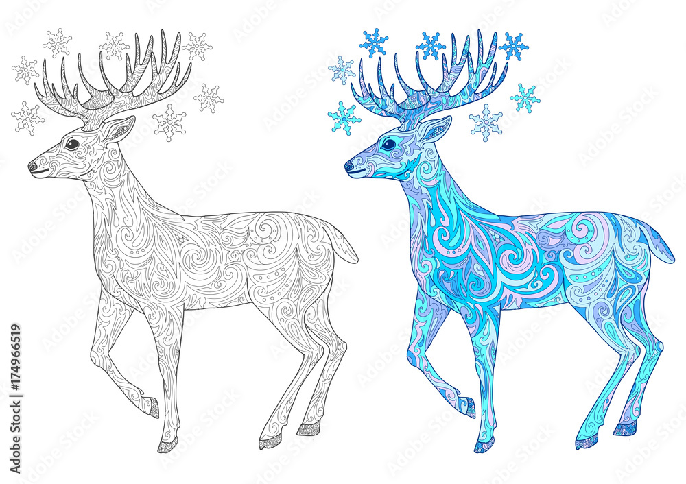 Reindeer for adult coloring book page hand drawn christmas deer doodle vector illustration vector