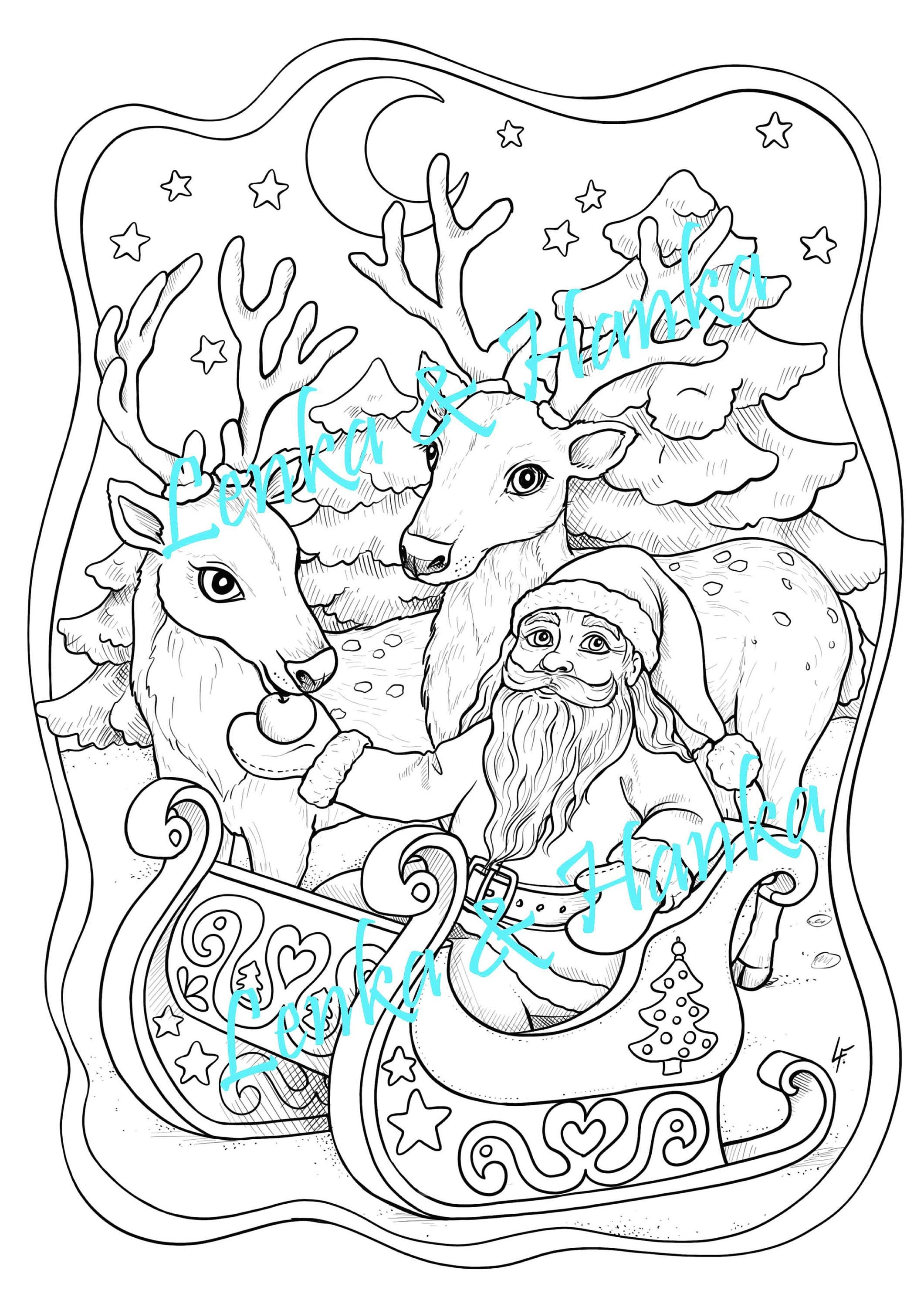 Coloring page for adults christmas santa and reindeers line art pdf download and print