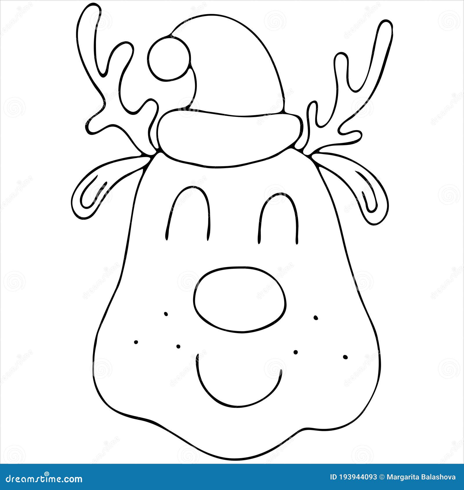 Cute christmas reindeer head wearing santa claus hat coloring book doodle style vector element stock vector