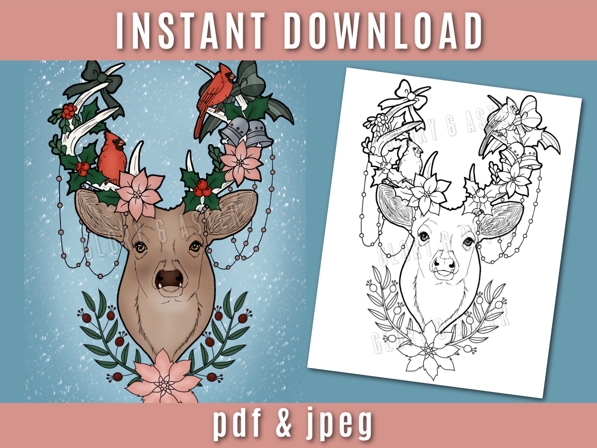 Holiday deer coloring page coloring sheets adult coloring page instant download animal coloring adult coloring book