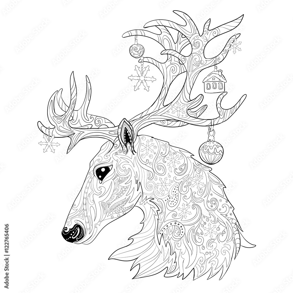 Christmas reindeer hand drawn doodle illustration decorative animal deer head page for adult coloring book or print on t