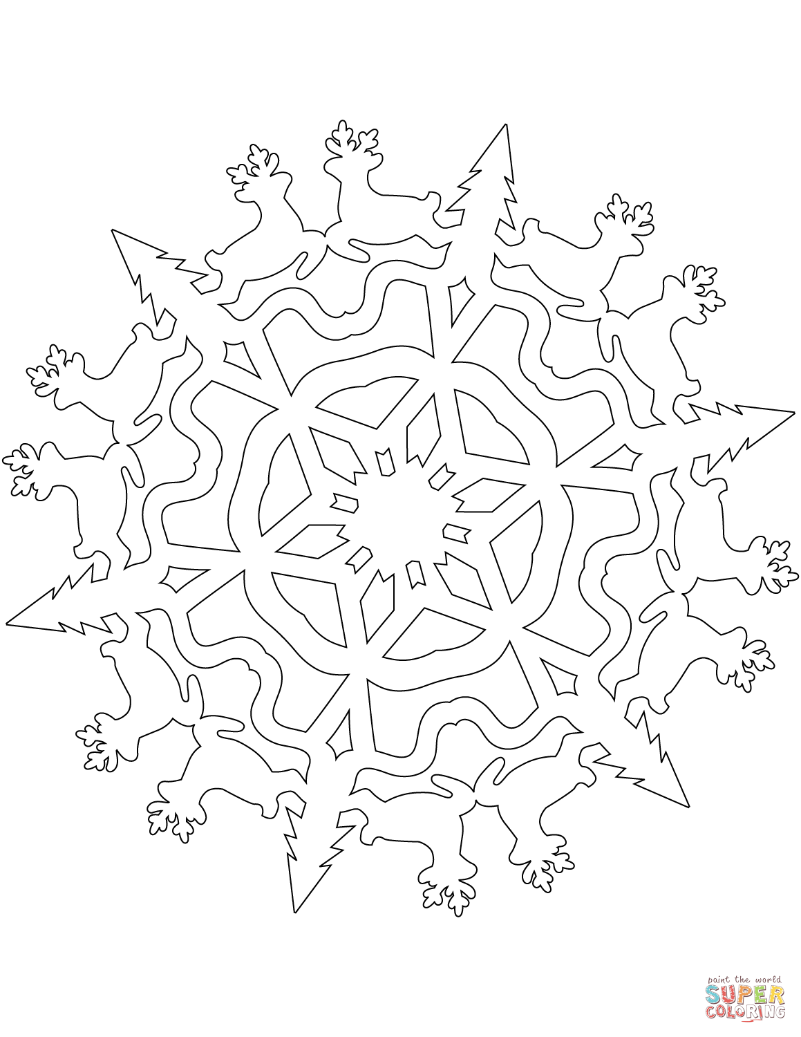 Snowflake with christmas reindeers coloring page free printable coloring pages