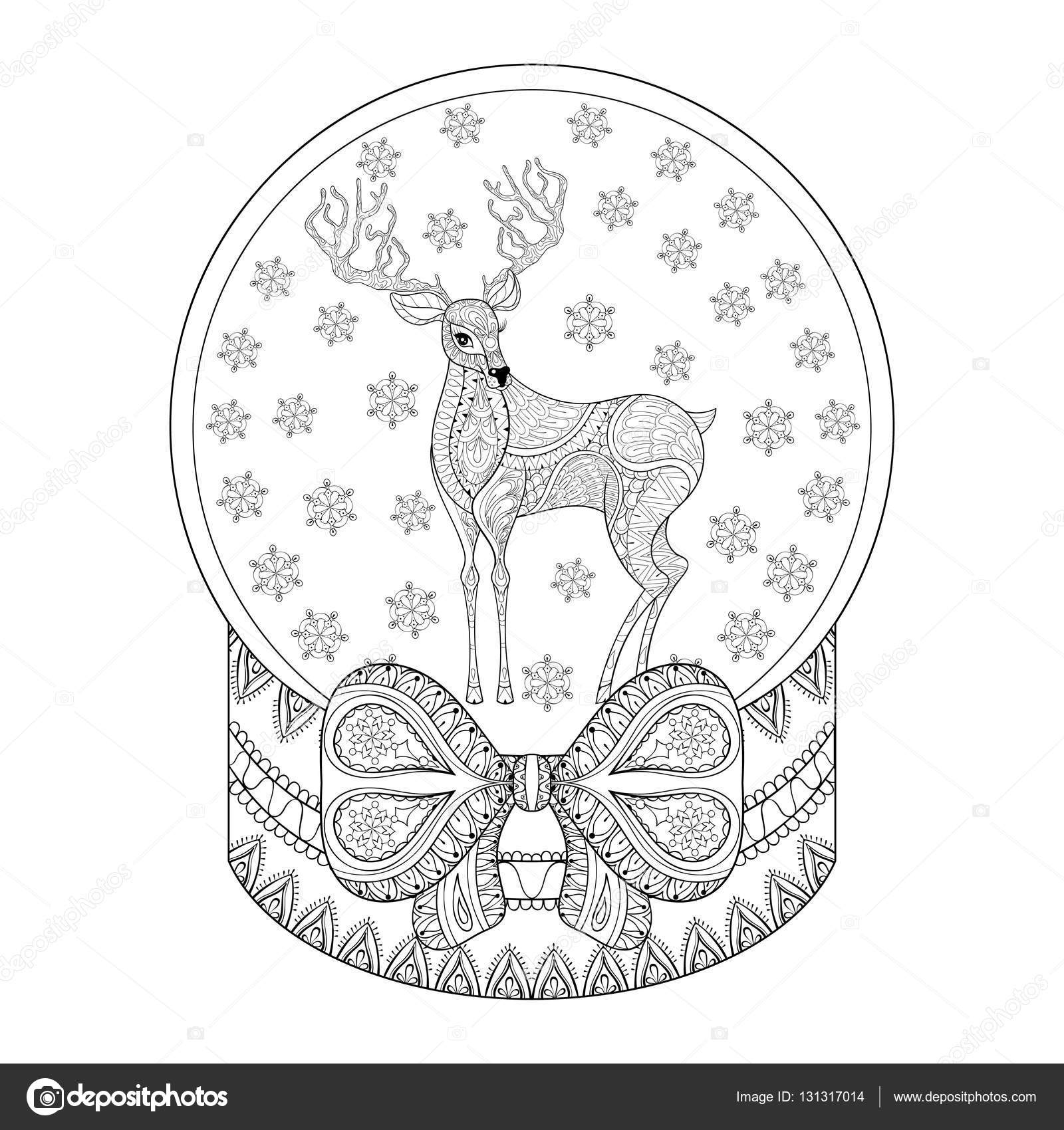 Vector zentangle christmas snow globe with reindeer snowflake hand drawn snowglobe for adult coloring book pages art therapy illustration for new year posters and greeting cards book cover template stock vector