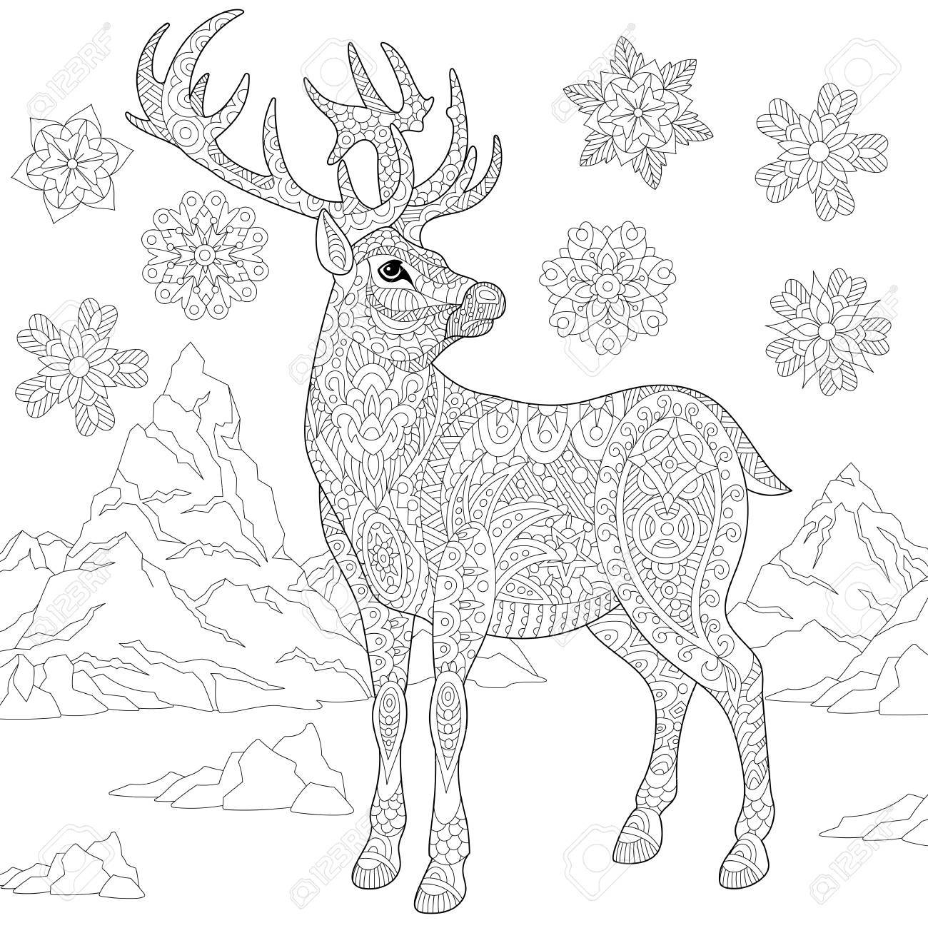 Coloring page of deer reindeer and winter snowflakes freehand sketch drawing for adult antistress coloring book in zentangle style with doodle elements royalty free svg cliparts vectors and stock illustration image