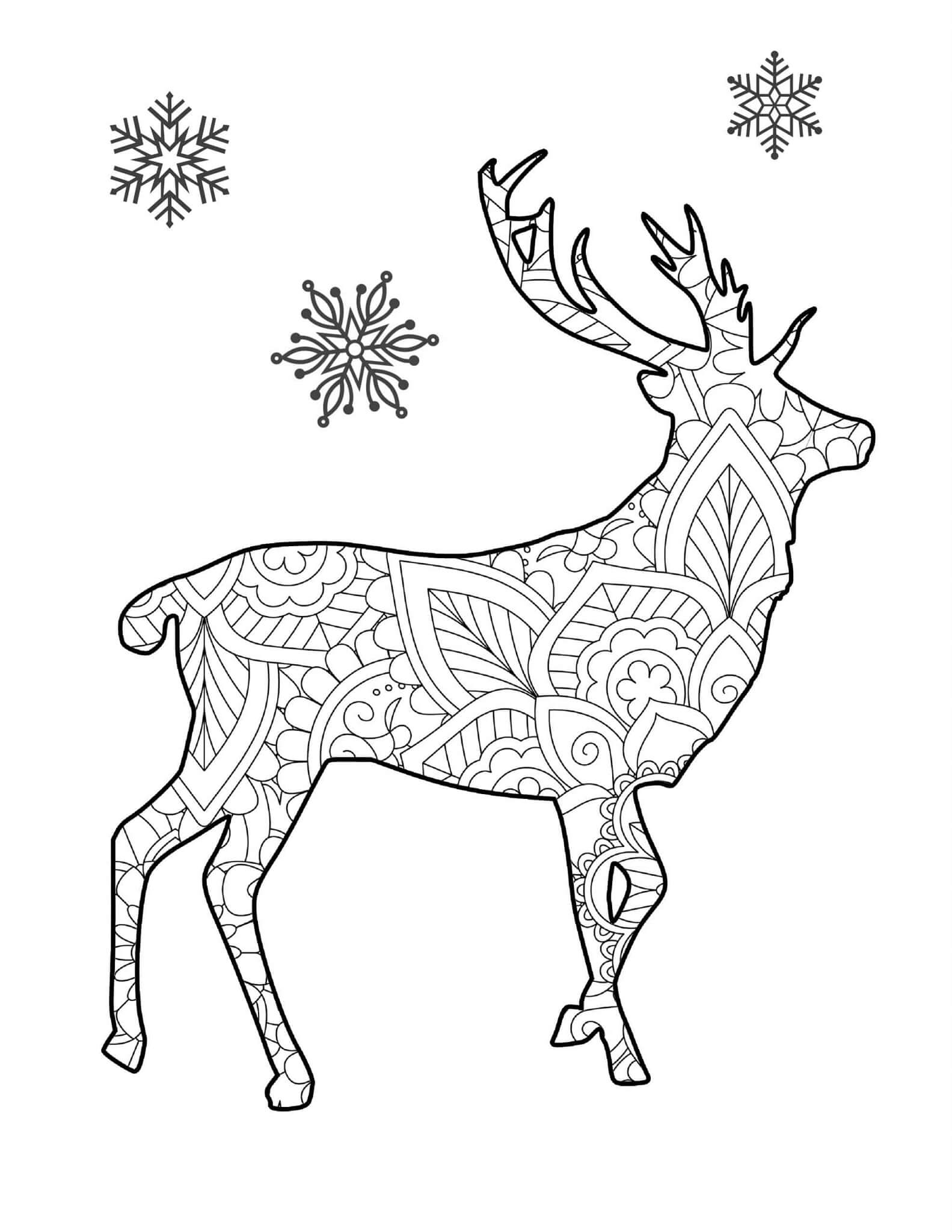 Deer with snowflake mandala coloring page