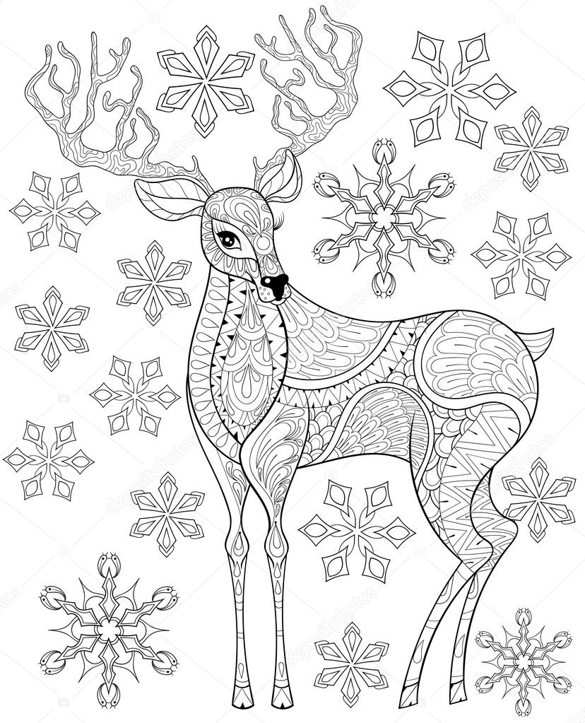 Vector zentangle christmas reindeer on snowflakes for adult anti stock vector by ipanki