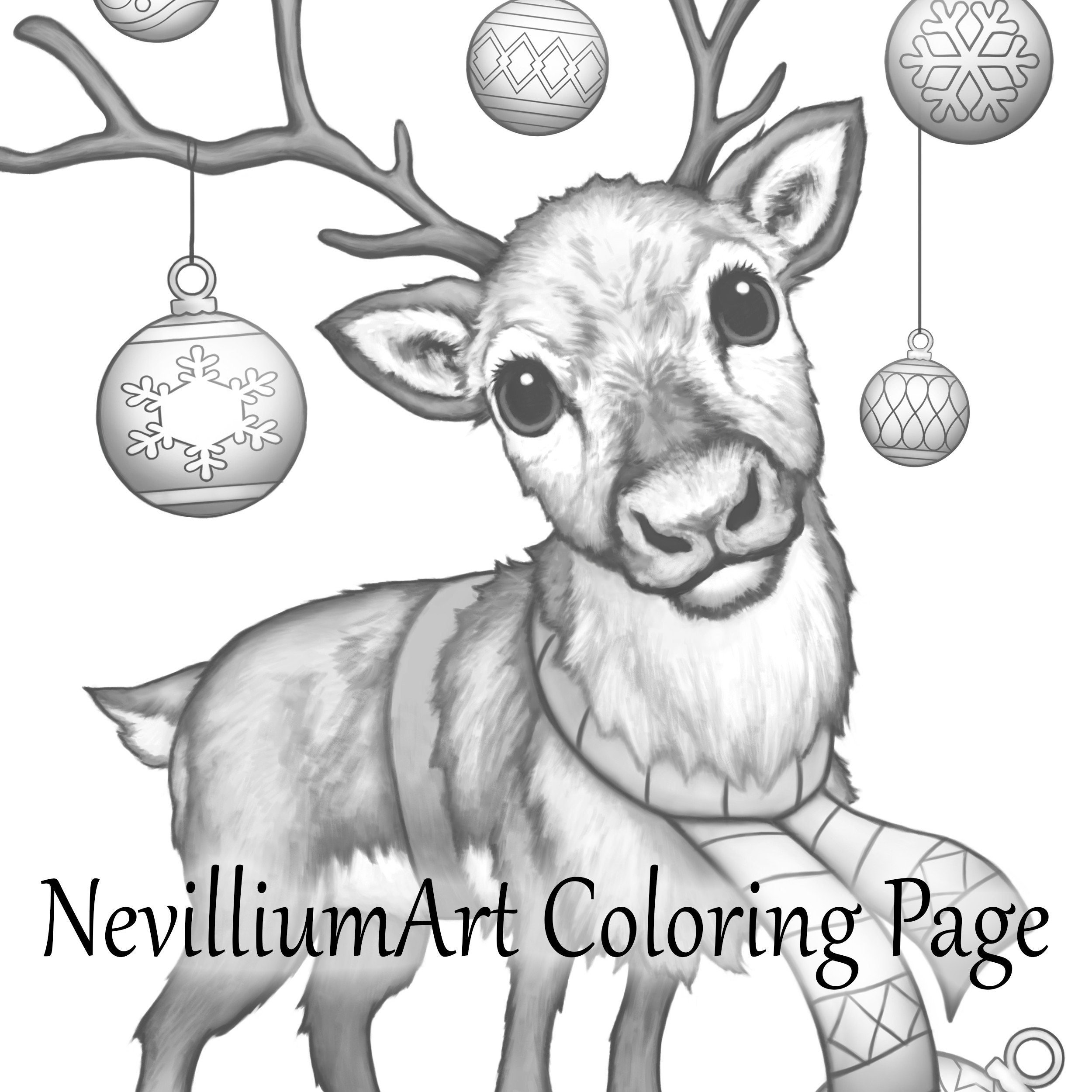 Reindeer games christmas grayscale coloring page nevilliumart instant download printable jpeg pdf files