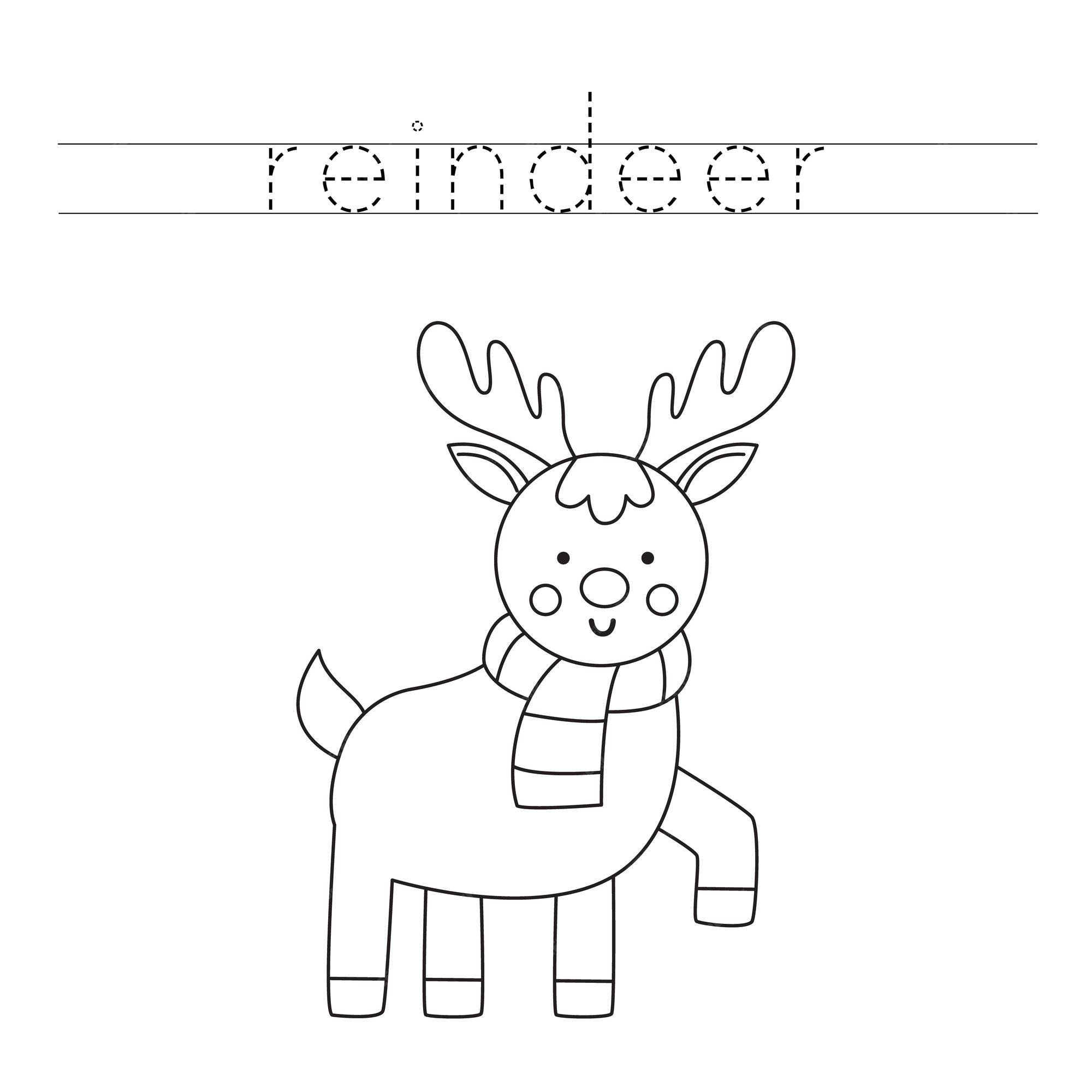 Premium vector trace the letters and color cartoon reindeer handwriting practice for kids