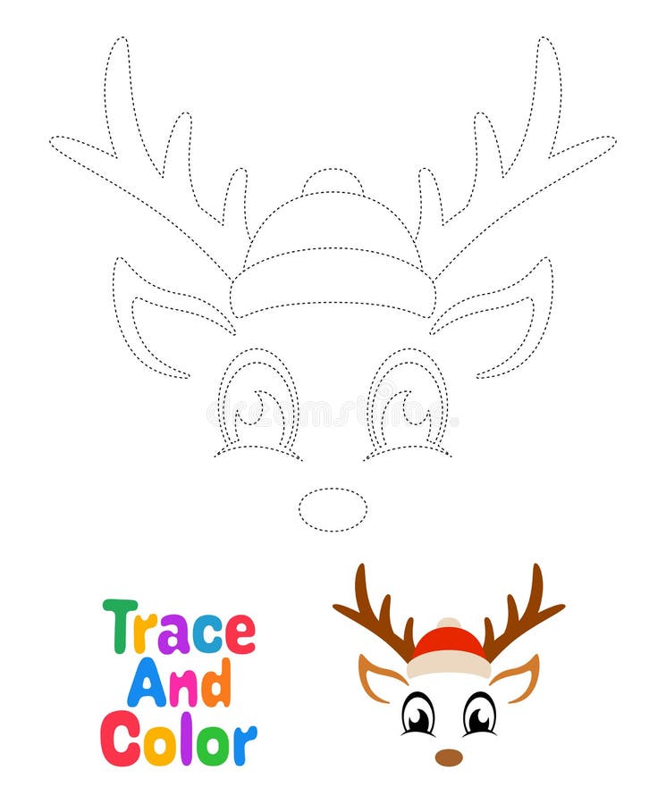 Reindeer face tracing worksheet for kids stock vector