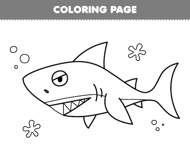 Premium vector education game for children coloring page of cute cartoon shark line art printable underwater worksheet