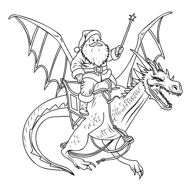 Premium vector coloring page santa claus sit is flying on a dragon meeting of christmas and new year