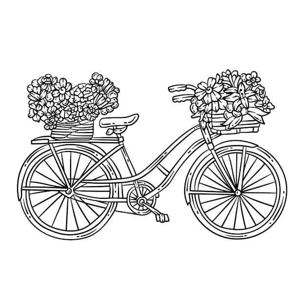 Premium vector bicycle flowers spring coloring page for adults