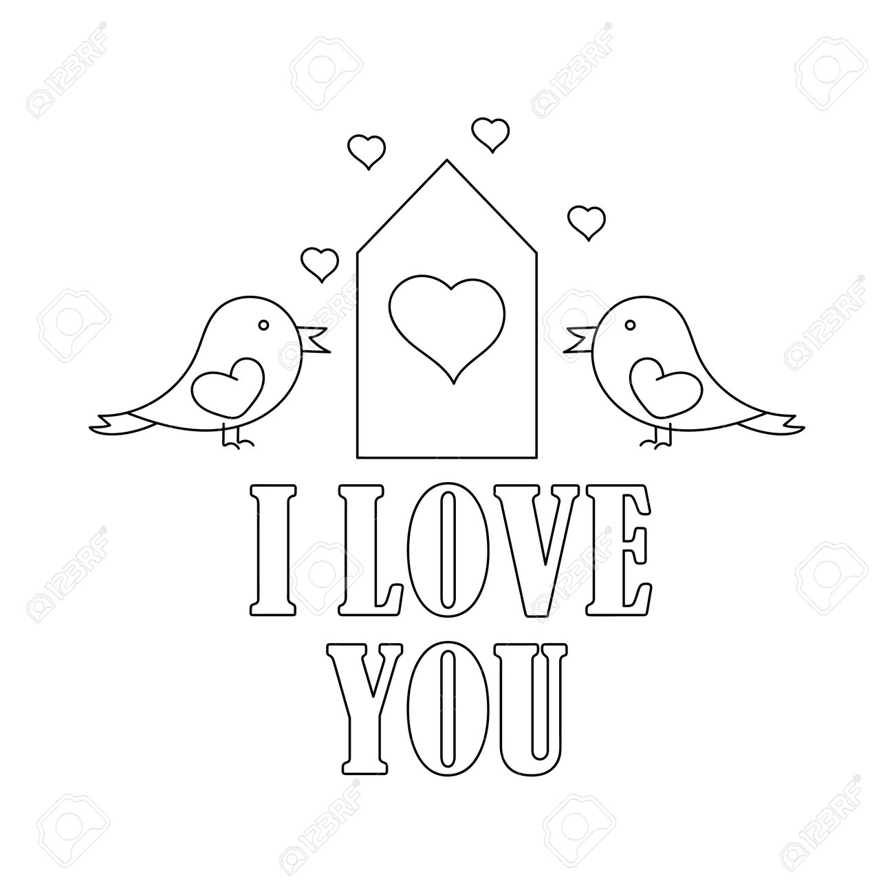 Simple coloring book valentines day greeting card design wedding the inscription i love you two small birds a birdhouse hearts feelings the concept of a love relationship royalty free svg cliparts vectors