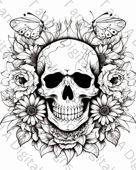 Skull and flowers coloring page instant download relaxing art therapy digital coloring sheets single page printable adult coloring