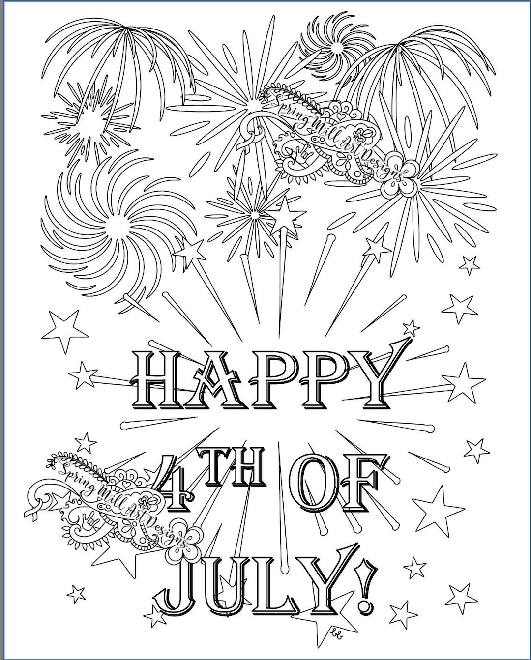 Lets celebrate happy th of july fireworks coloring page in two printables white and black backgrounds both included