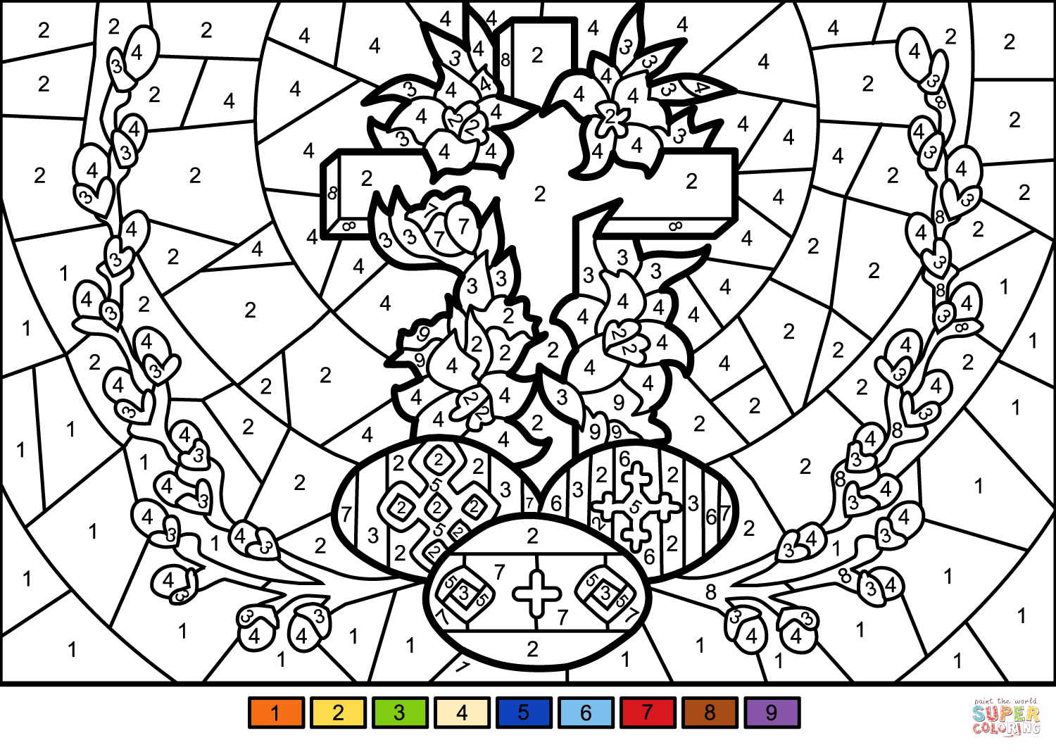 Easter cross and eggs color by number free printable coloring pages