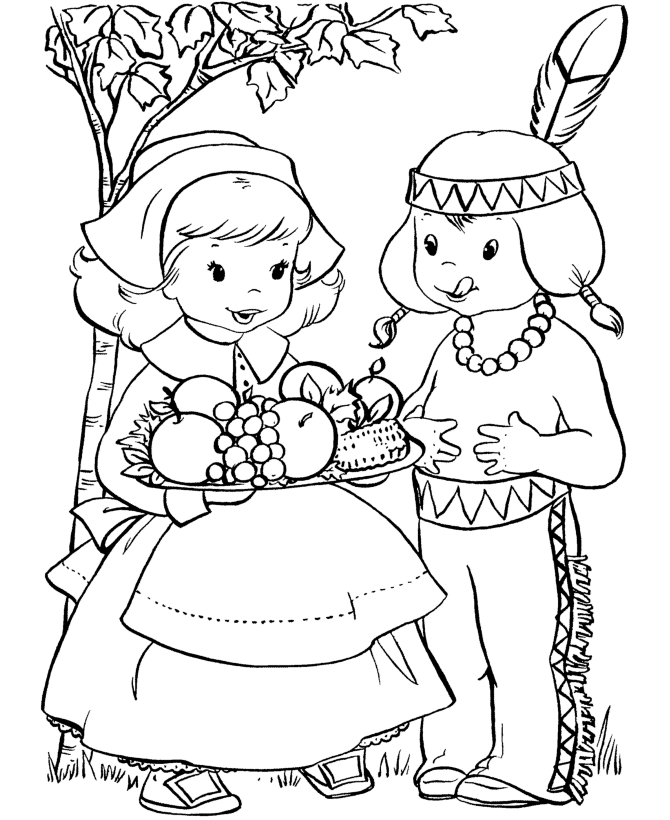 Thanksgiving holiday coloring page sheets pilgrim girl and native american boy