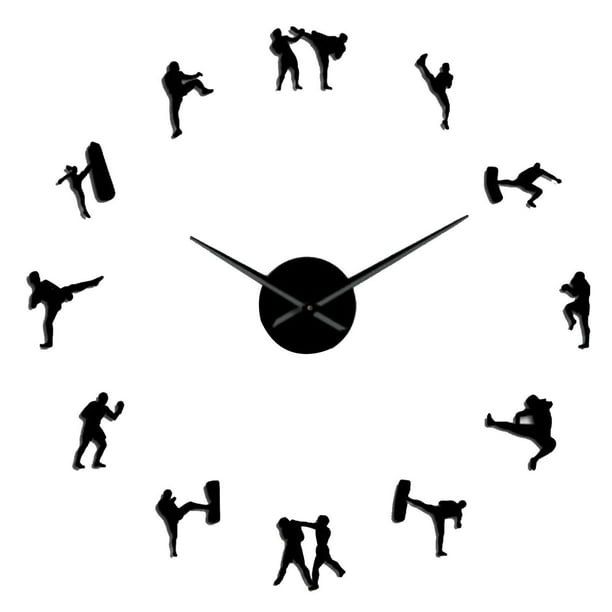 Large diy wall clock mirror sticker frameless silent decorative karate taekwondo black color inches