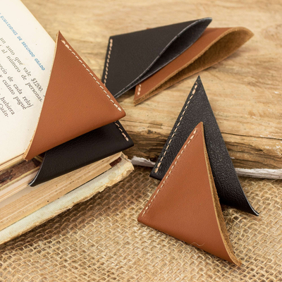 Set of handcrafted black and brown leather bookmarks