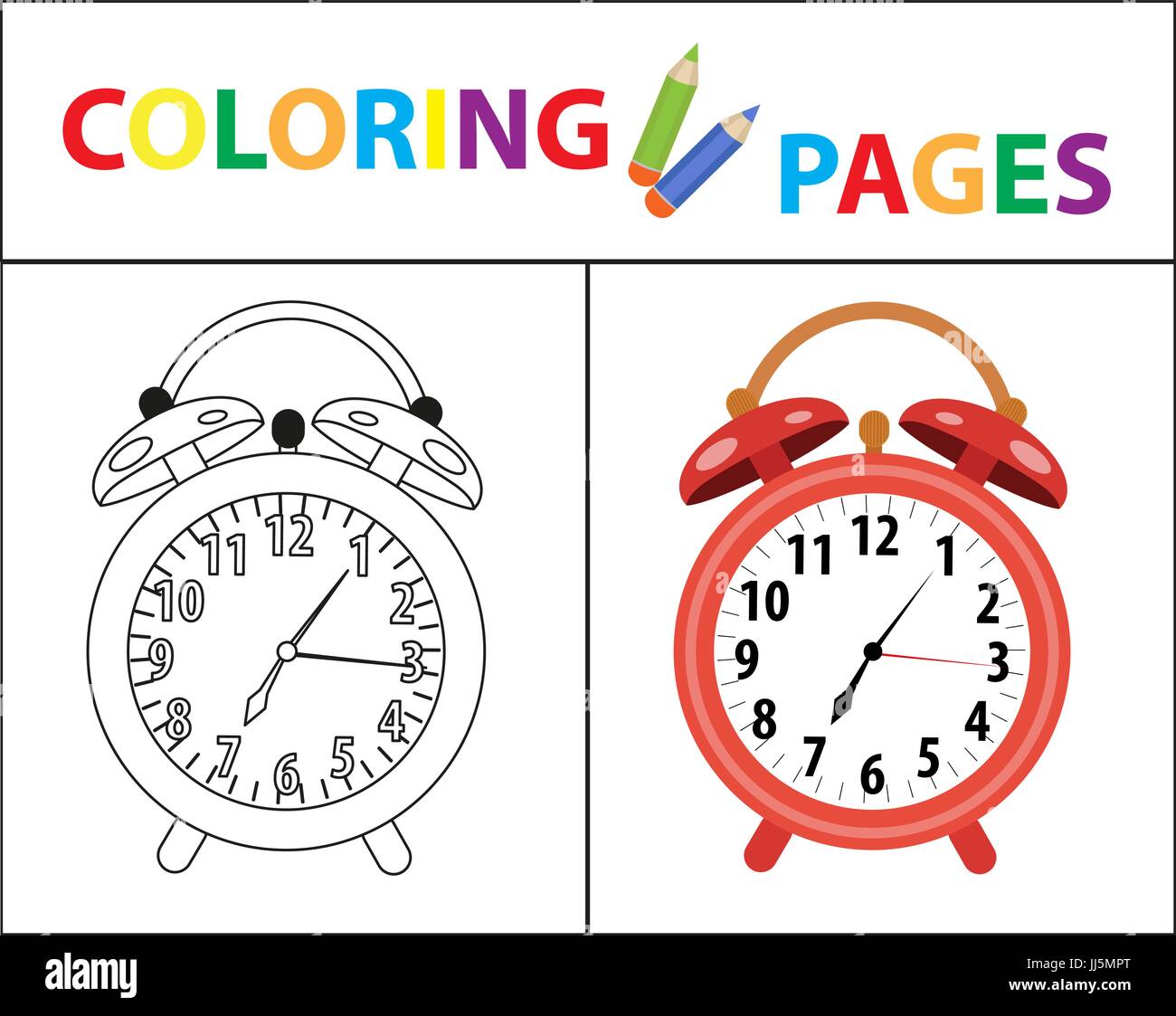 Coloring book pãgina reloj de alarma roja quema de boceto y la versiãn en color colorear para niãos la educaciãn infantil ilustraciãn vectorial imagen vector de stock