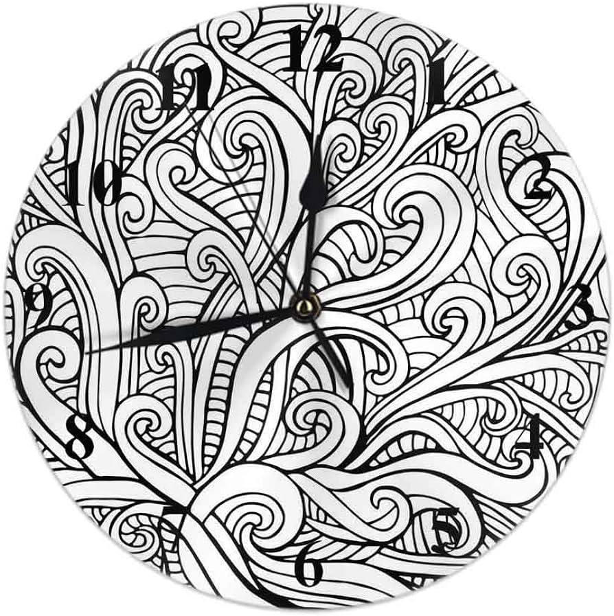 Qqiaejia pãgina para colorear reloj abstracto negro blanco garabatos decorativos olas fondo reloj de pared silencioso sin tictac pulgadas funciona con pilas reloj de pared redondos decoraciãn de hogar