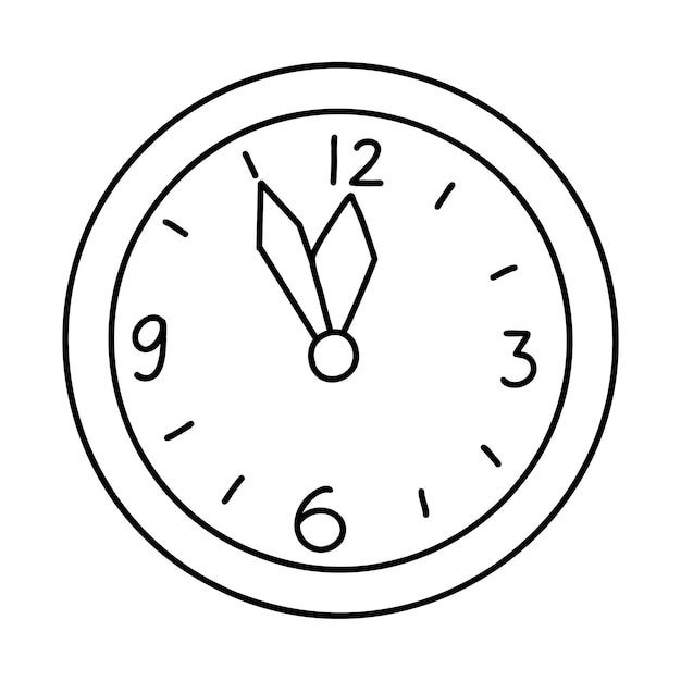 Premium vector doodle christmas or new year clock shows five minutes to twelve cartoon element vector sketch illustration black outline art for web design icon print coloring page